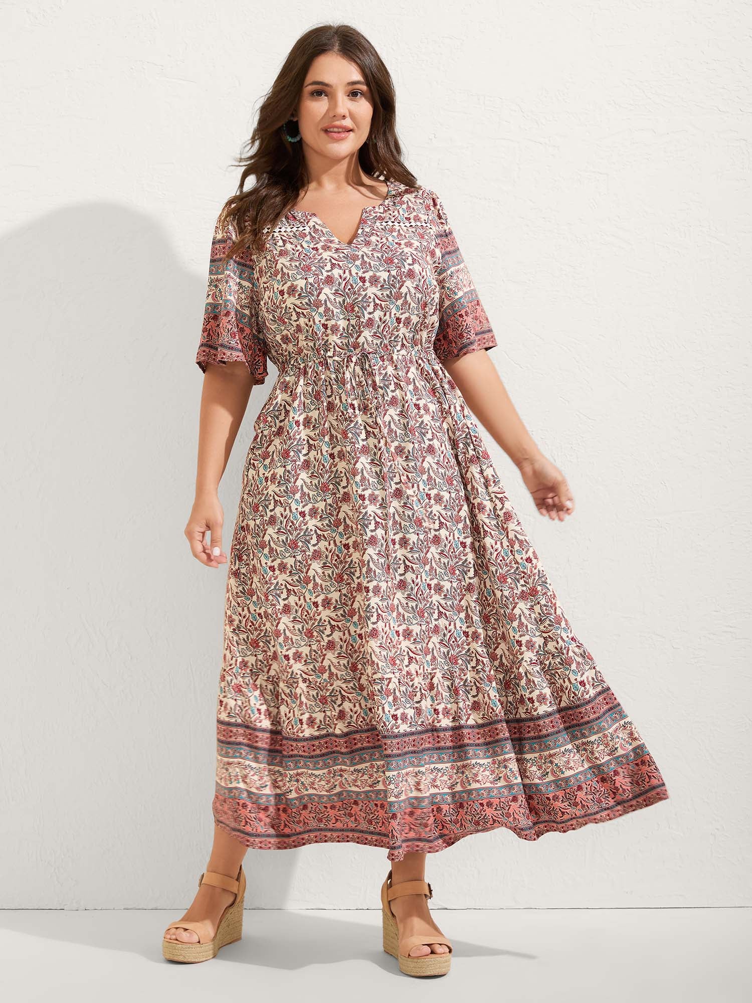 Floral Print Lace Waist Drawstring Maxi Dress - Image 3