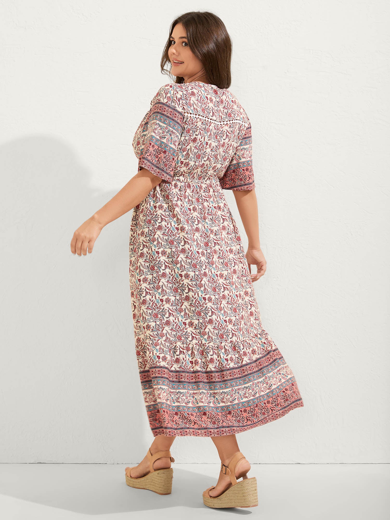 Floral Print Lace Waist Drawstring Maxi Dress - Image 5