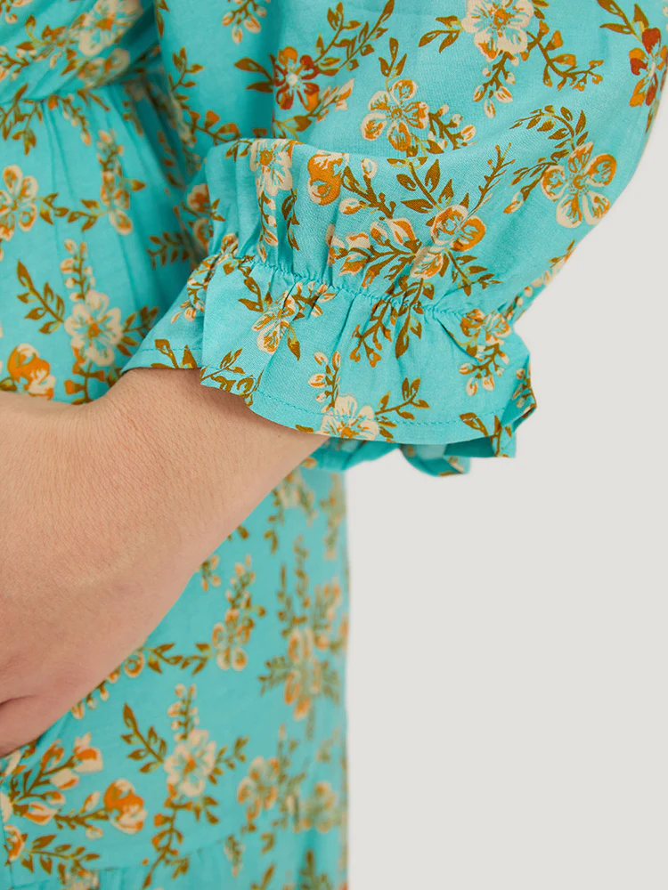 Floral Print Lantern Sleeve Contrast Patchwork Dress - Image 10
