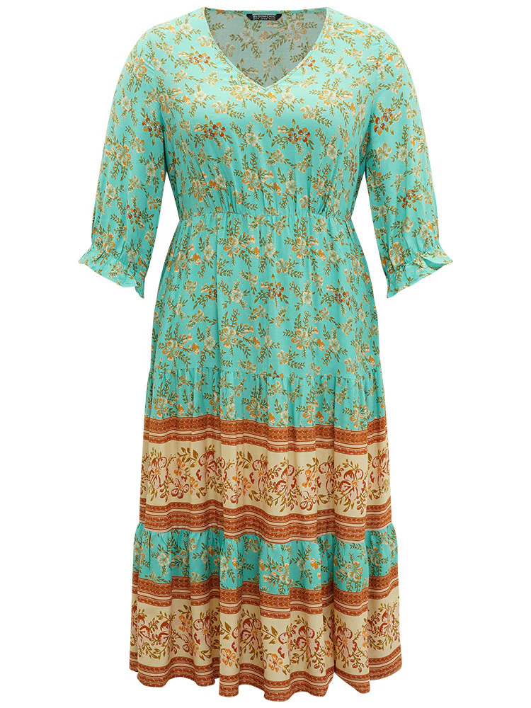 Floral Print Lantern Sleeve Contrast Patchwork Dress - Image 11