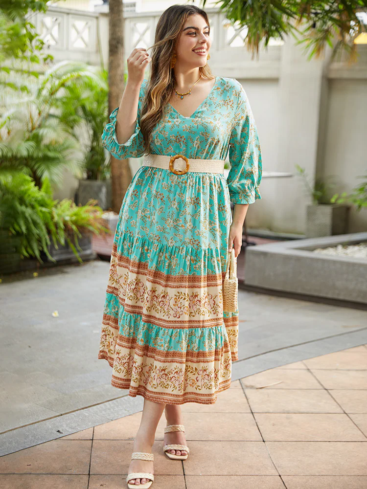 Floral Print Lantern Sleeve Contrast Patchwork Dress - Image 2