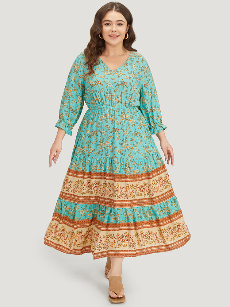 Floral Print Lantern Sleeve Contrast Patchwork Dress - Image 3