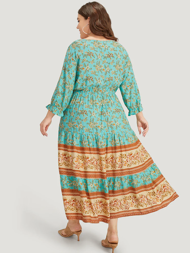Floral Print Lantern Sleeve Contrast Patchwork Dress - Image 4