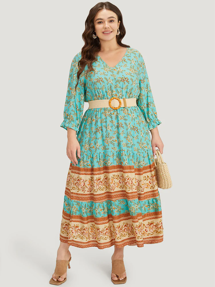 Floral Print Lantern Sleeve Contrast Patchwork Dress - Image 5