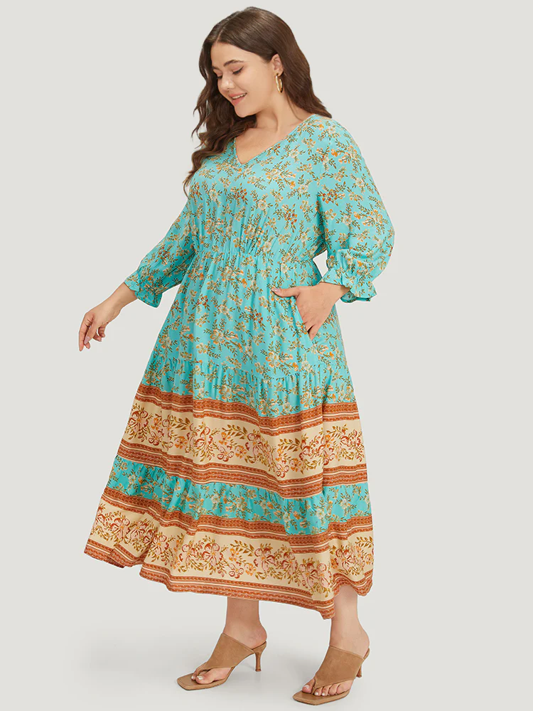 Floral Print Lantern Sleeve Contrast Patchwork Dress - Image 6