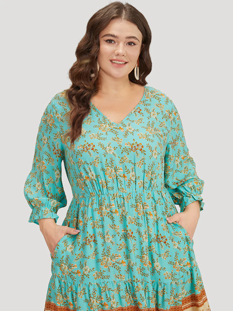 Floral Print Lantern Sleeve Contrast Patchwork Dress - Image 7