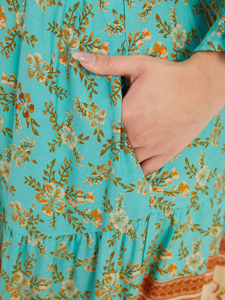 Floral Print Lantern Sleeve Contrast Patchwork Dress - Image 8