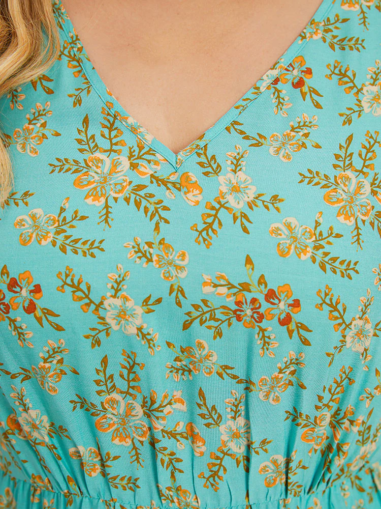 Floral Print Lantern Sleeve Contrast Patchwork Dress - Image 9