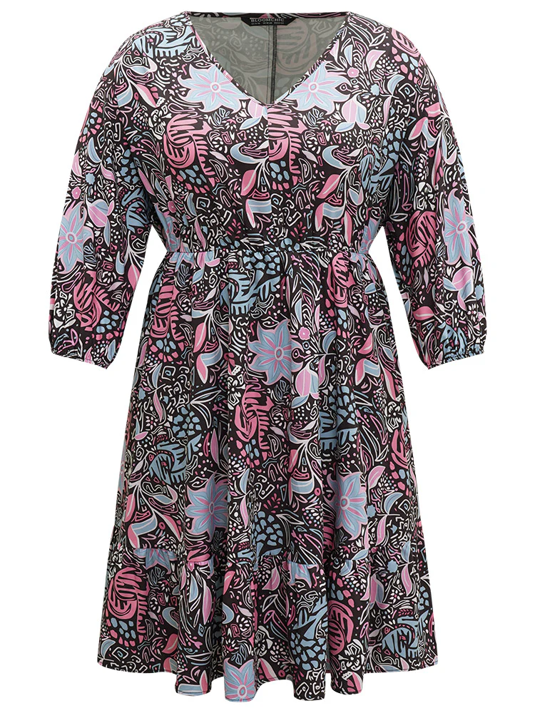 Floral Print Lantern Sleeve Elastic Waist Dress - Image 11