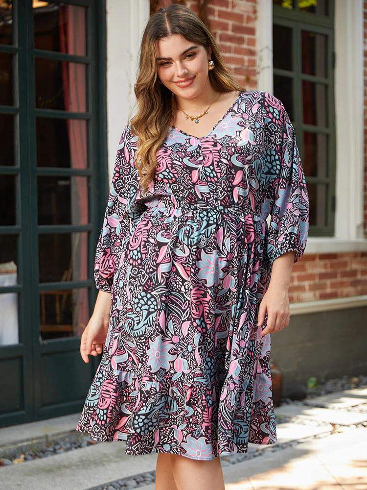 Floral Print Lantern Sleeve Elastic Waist Dress - Image 2