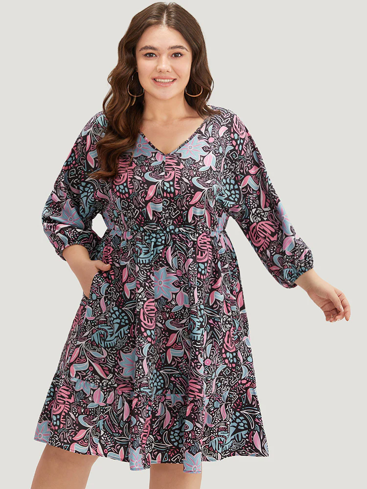 Floral Print Lantern Sleeve Elastic Waist Dress - Image 3