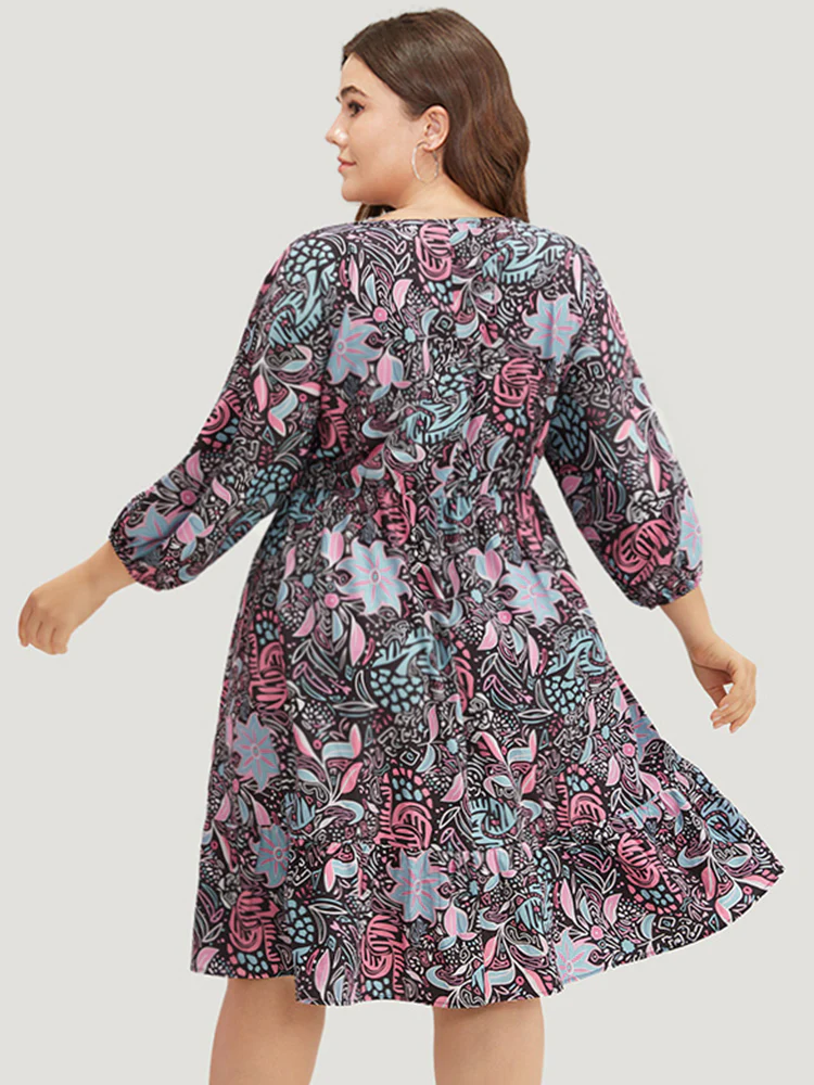 Floral Print Lantern Sleeve Elastic Waist Dress - Image 4