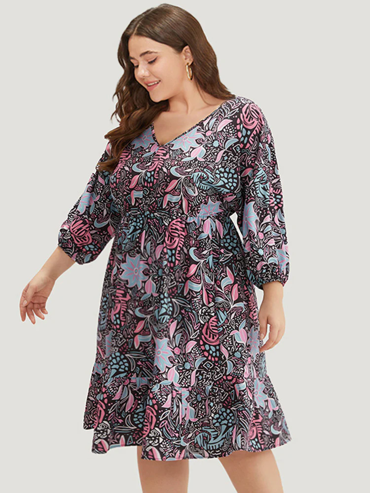 Floral Print Lantern Sleeve Elastic Waist Dress - Image 5
