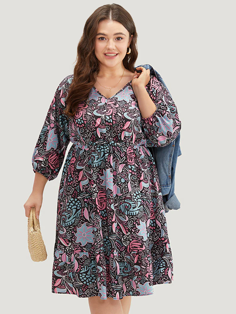 Floral Print Lantern Sleeve Elastic Waist Dress - Image 7