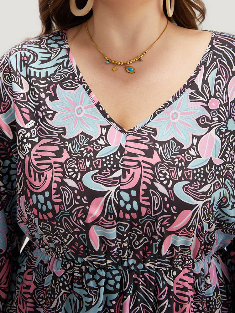 Floral Print Lantern Sleeve Elastic Waist Dress - Image 8