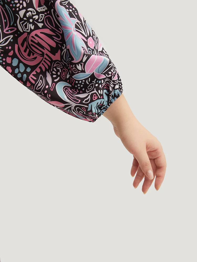Floral Print Lantern Sleeve Elastic Waist Dress - Image 9