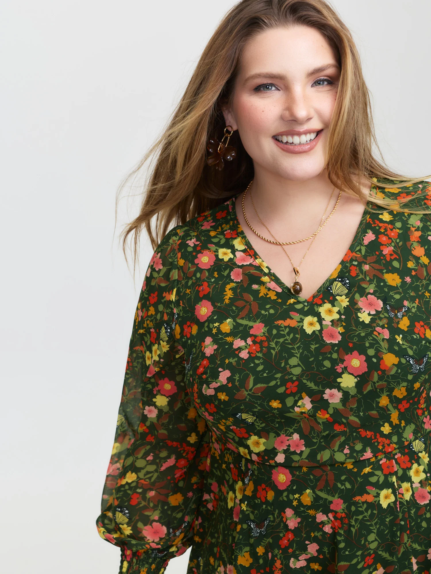 Floral Print Lantern Sleeve Slit Midi Dress - Image 2