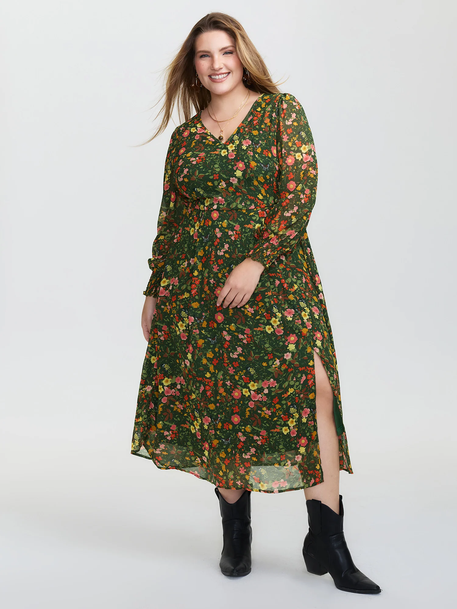 Floral Print Lantern Sleeve Slit Midi Dress - Image 3