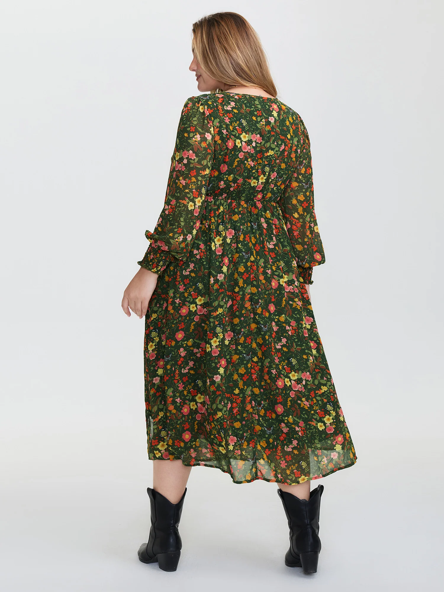 Floral Print Lantern Sleeve Slit Midi Dress - Image 4