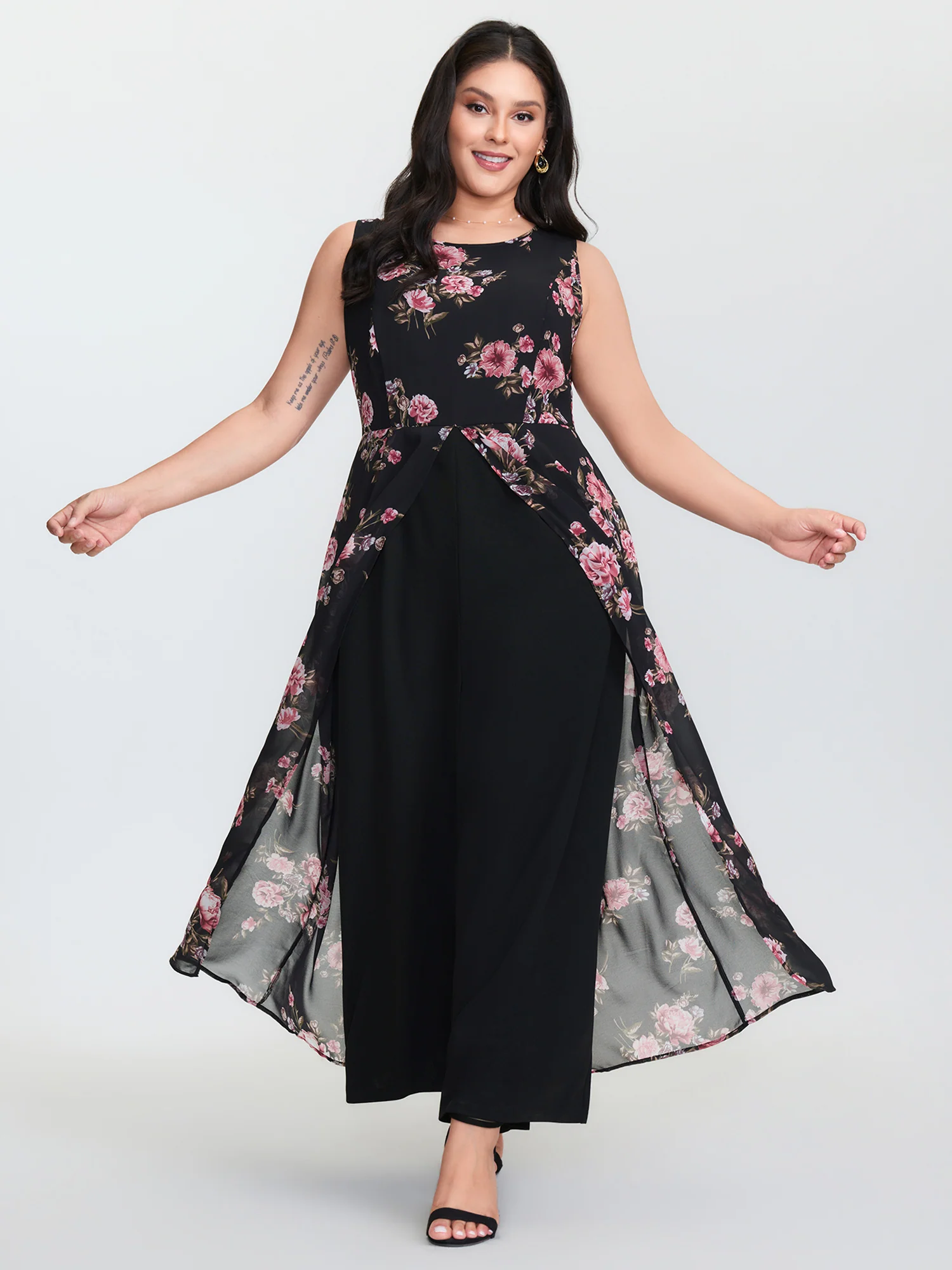 Floral Print Layered Contrast Jumpsuit - Image 2
