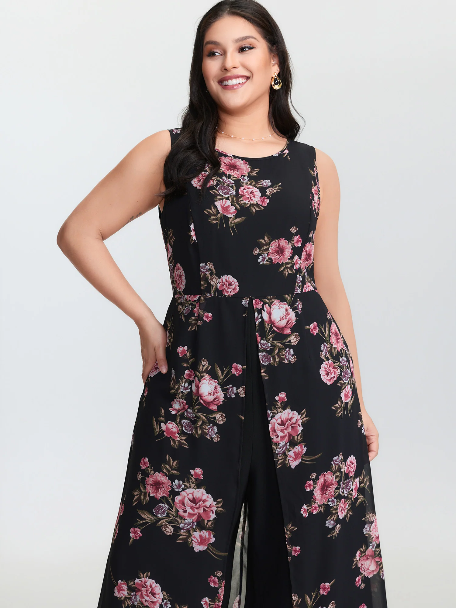 Floral Print Layered Contrast Jumpsuit - Image 3