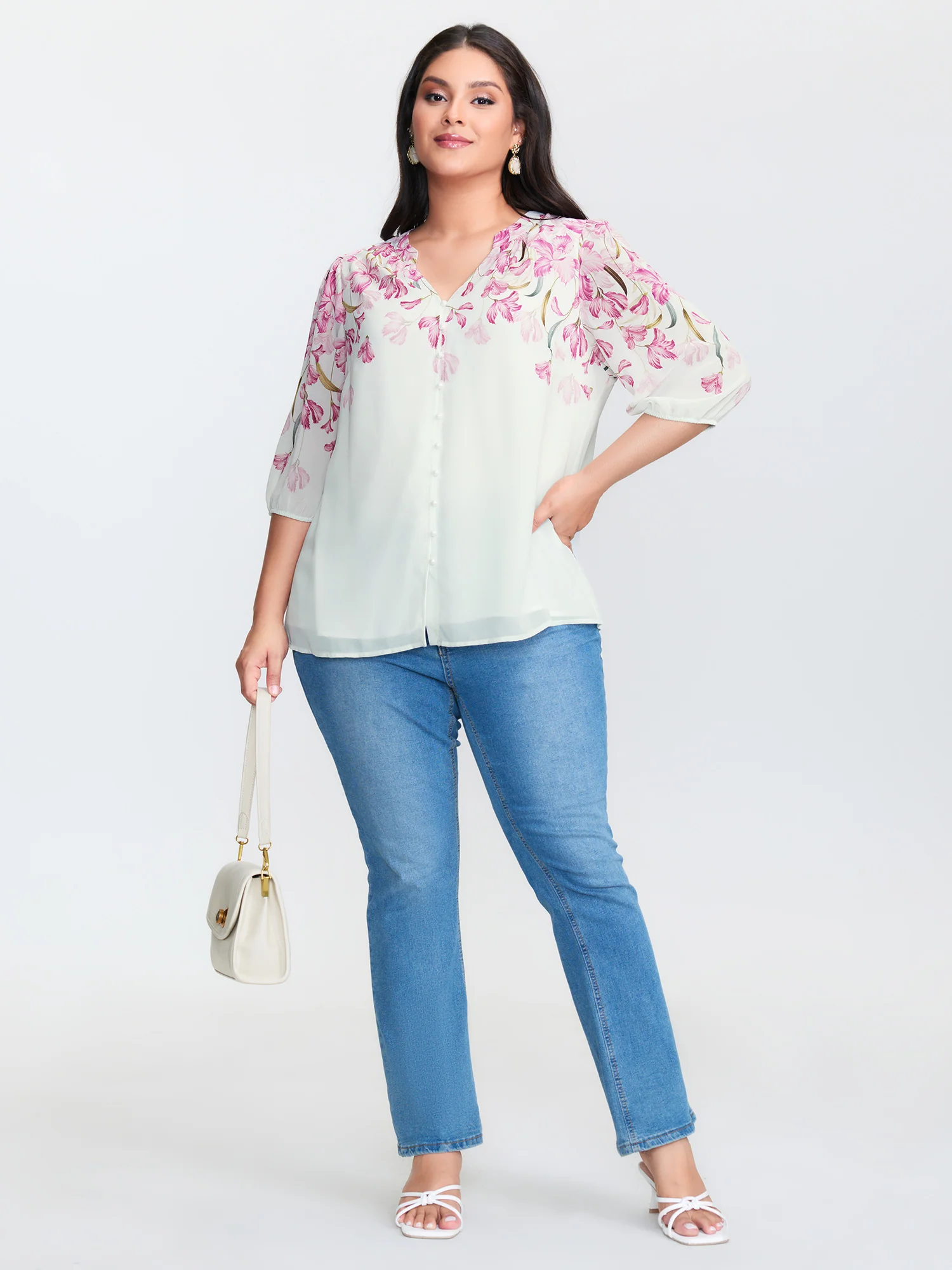 Floral Print Layered Notched Collar Blouse - Image 2