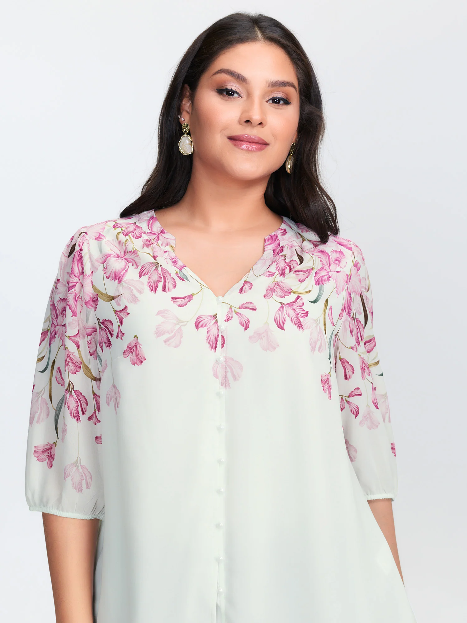 Floral Print Layered Notched Collar Blouse - Image 3