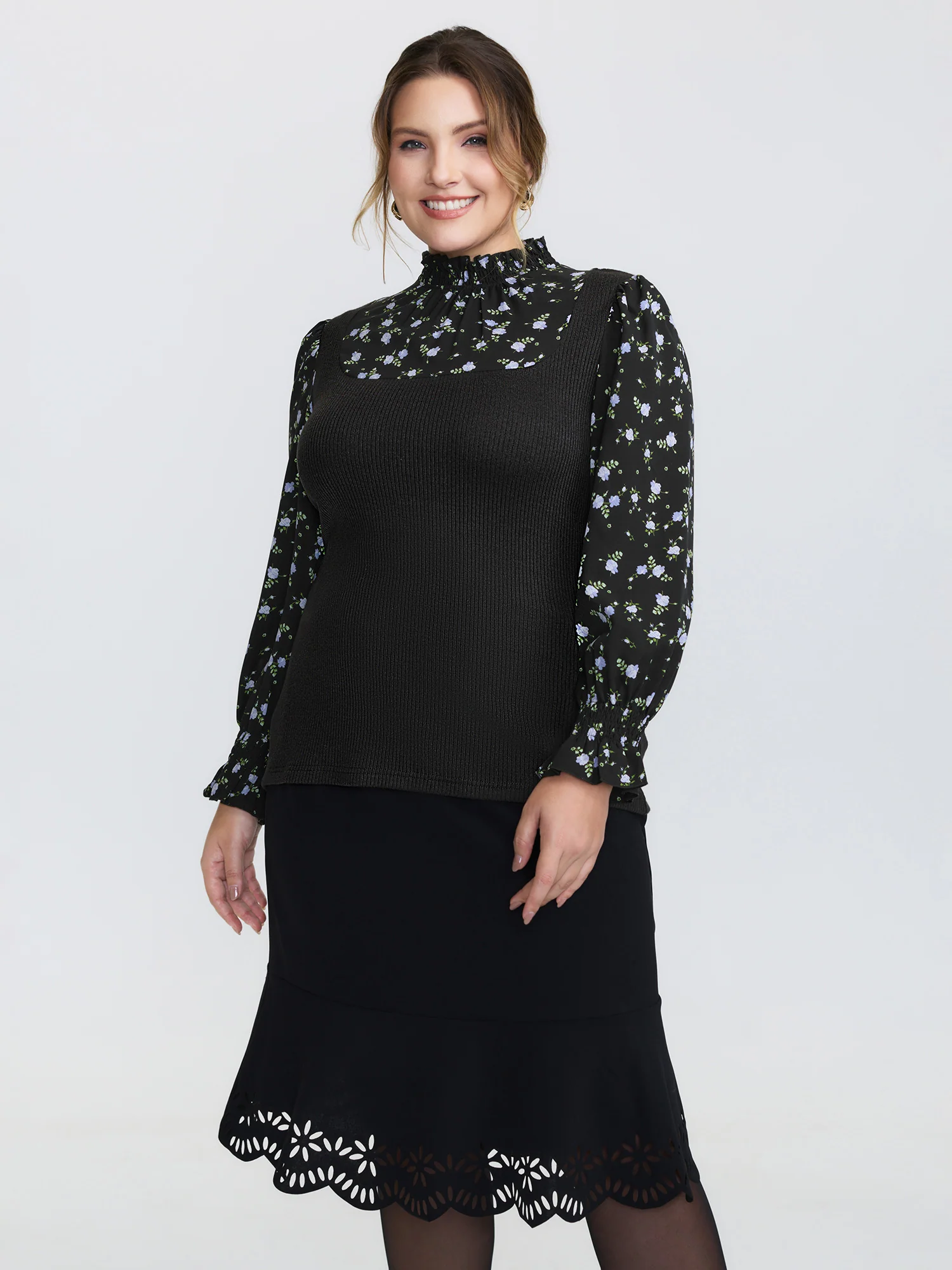 Floral Print Layered Ruffled Neckline Knit Top - Image 2
