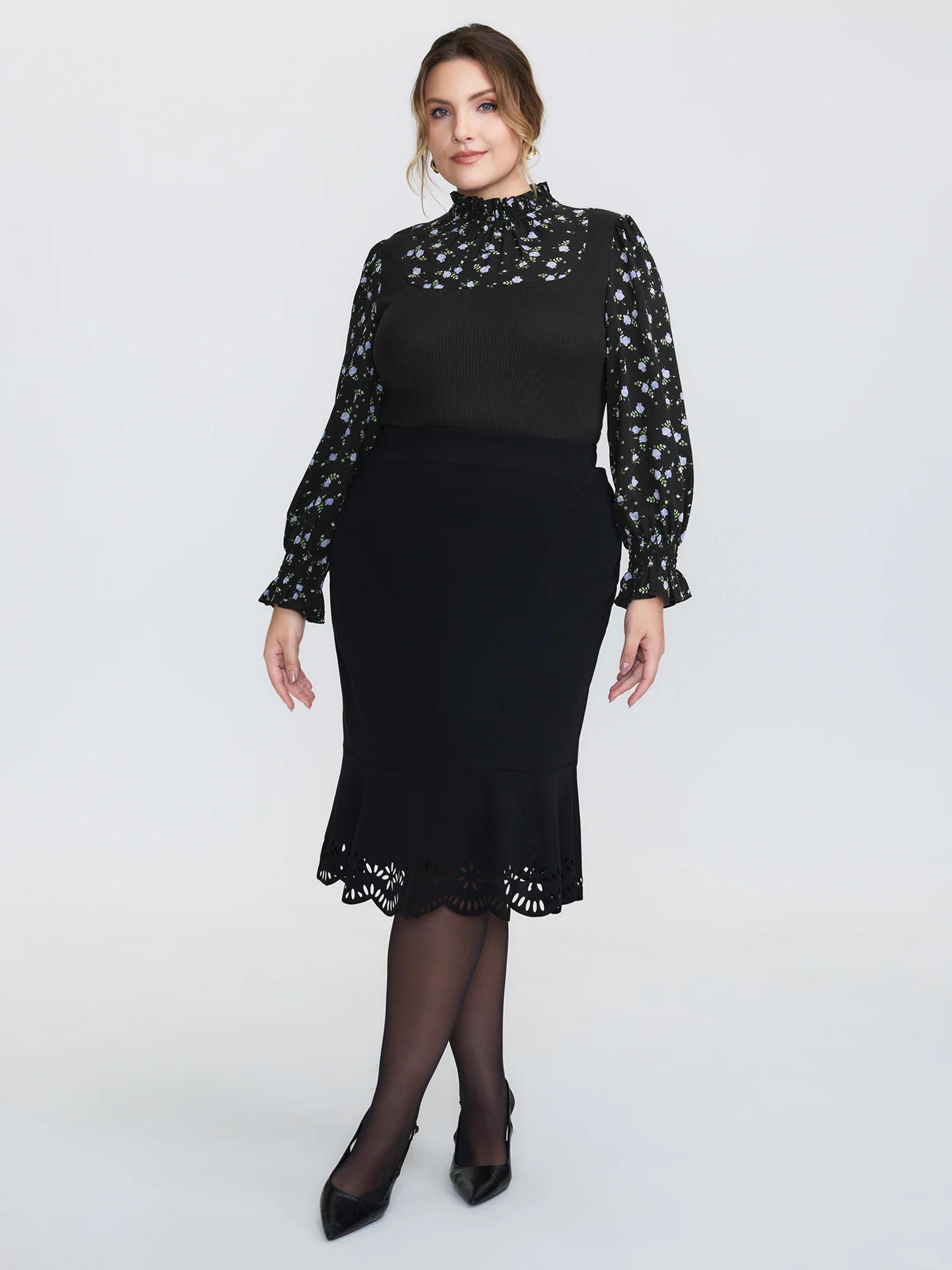 Floral Print Layered Ruffled Neckline Knit Top - Image 3
