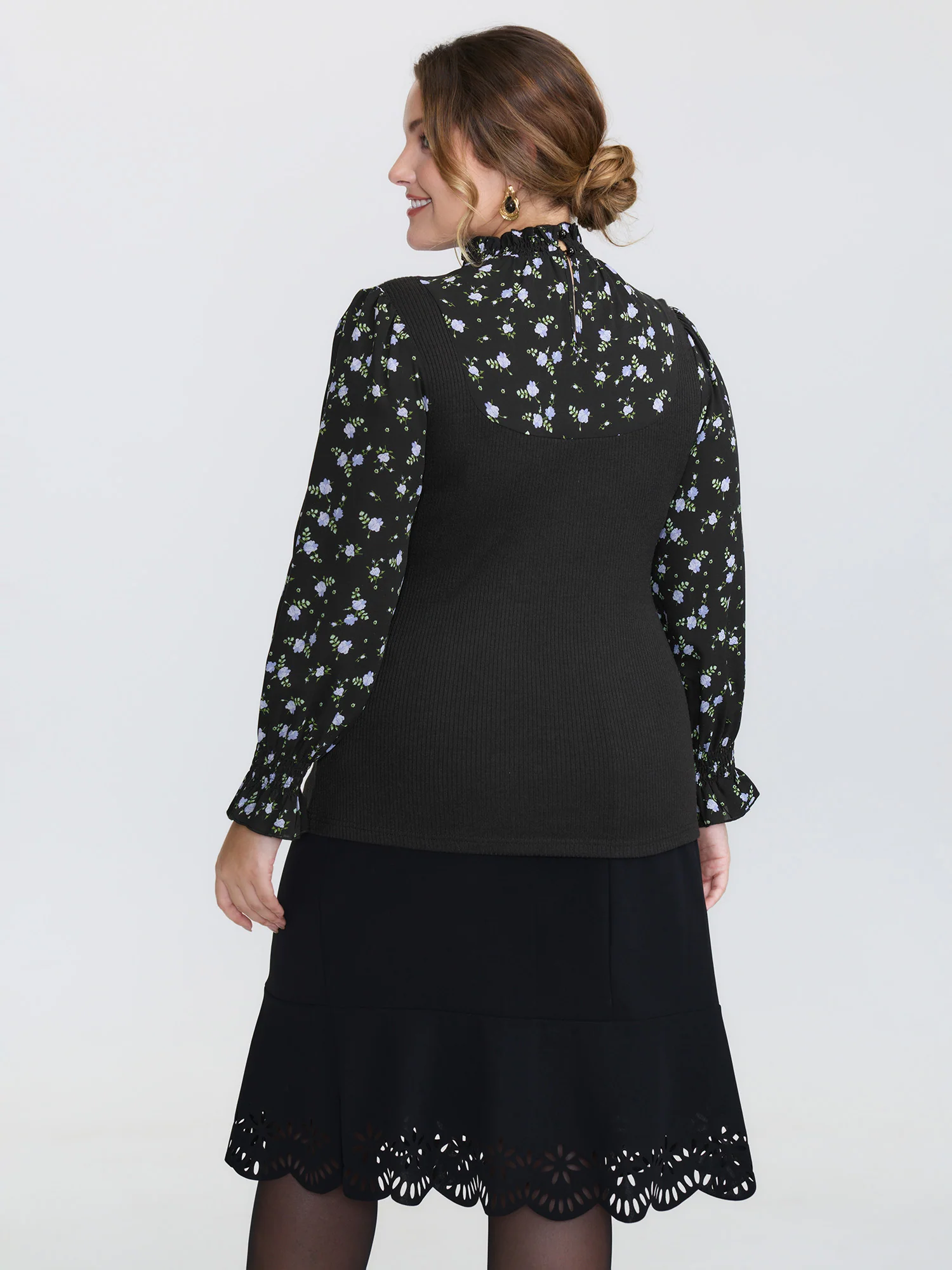 Floral Print Layered Ruffled Neckline Knit Top - Image 4