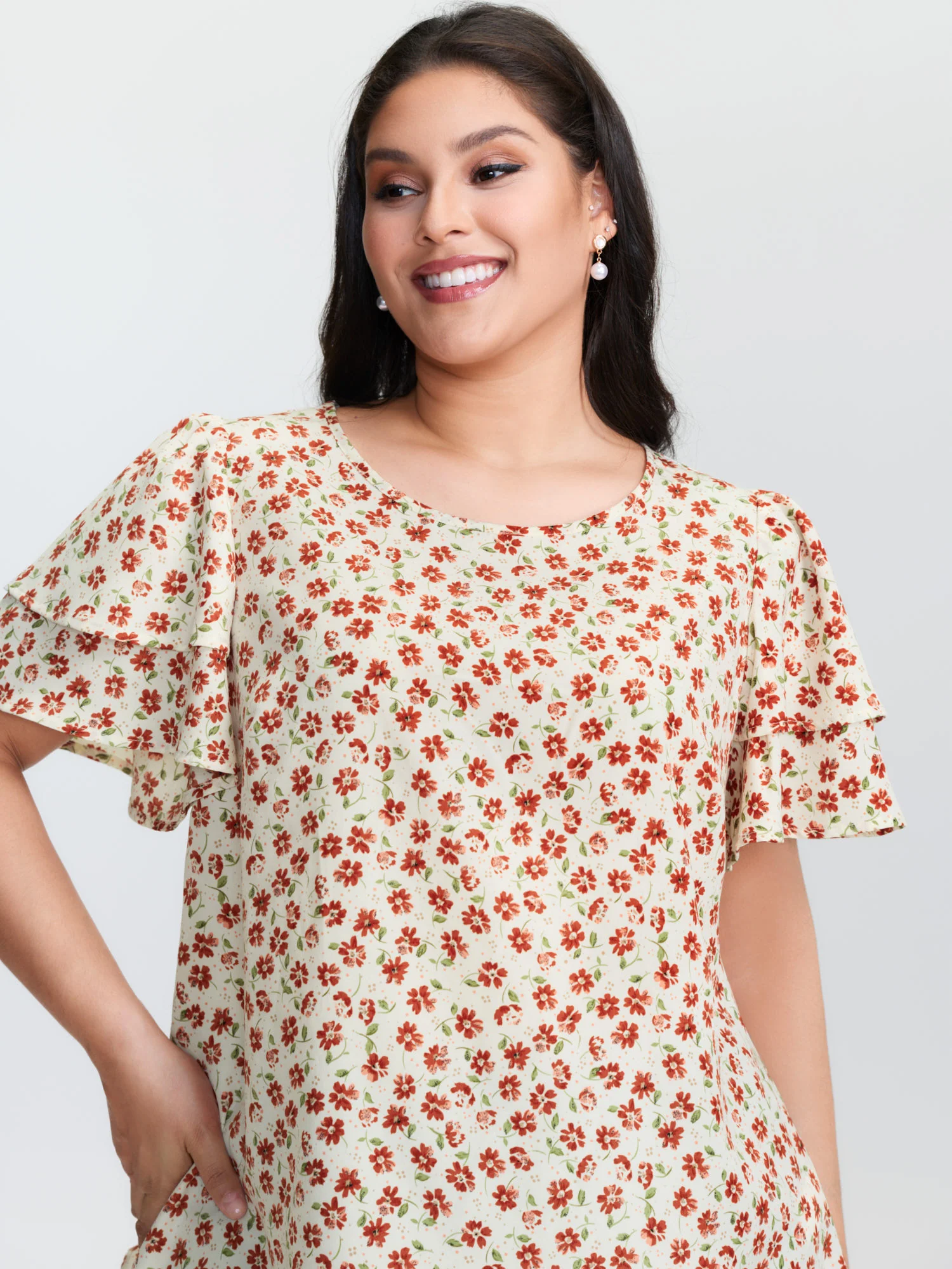 Floral Print Layered Sleeve Round Neck Blouse - Image 2