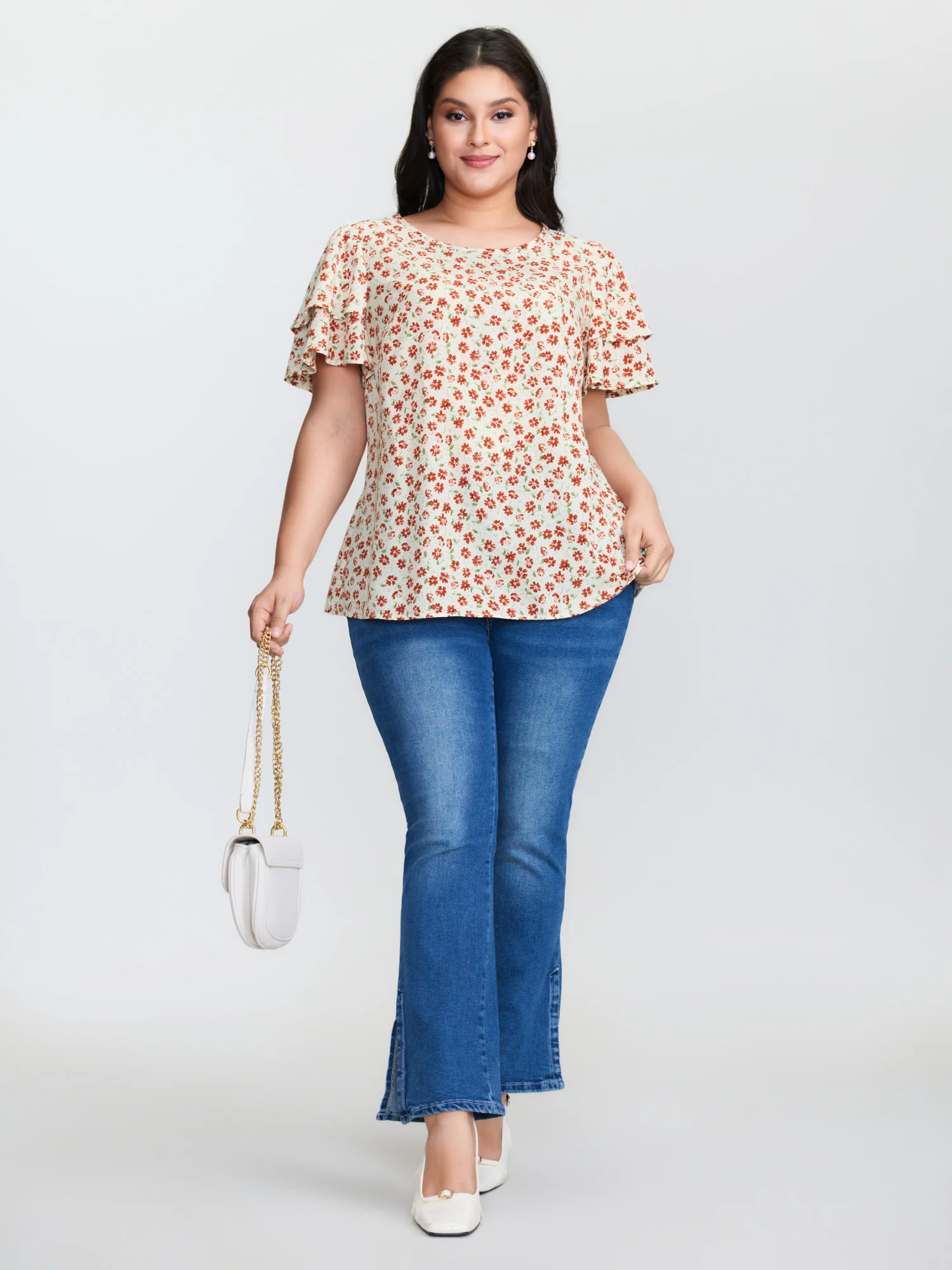 Floral Print Layered Sleeve Round Neck Blouse - Image 3