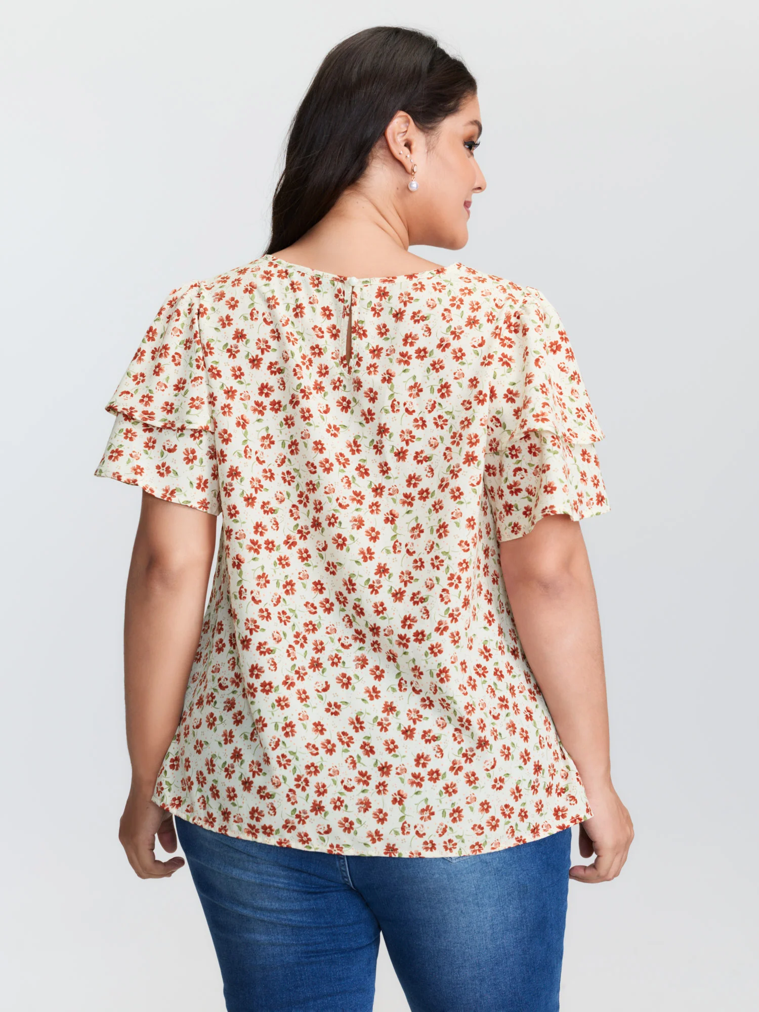 Floral Print Layered Sleeve Round Neck Blouse - Image 4