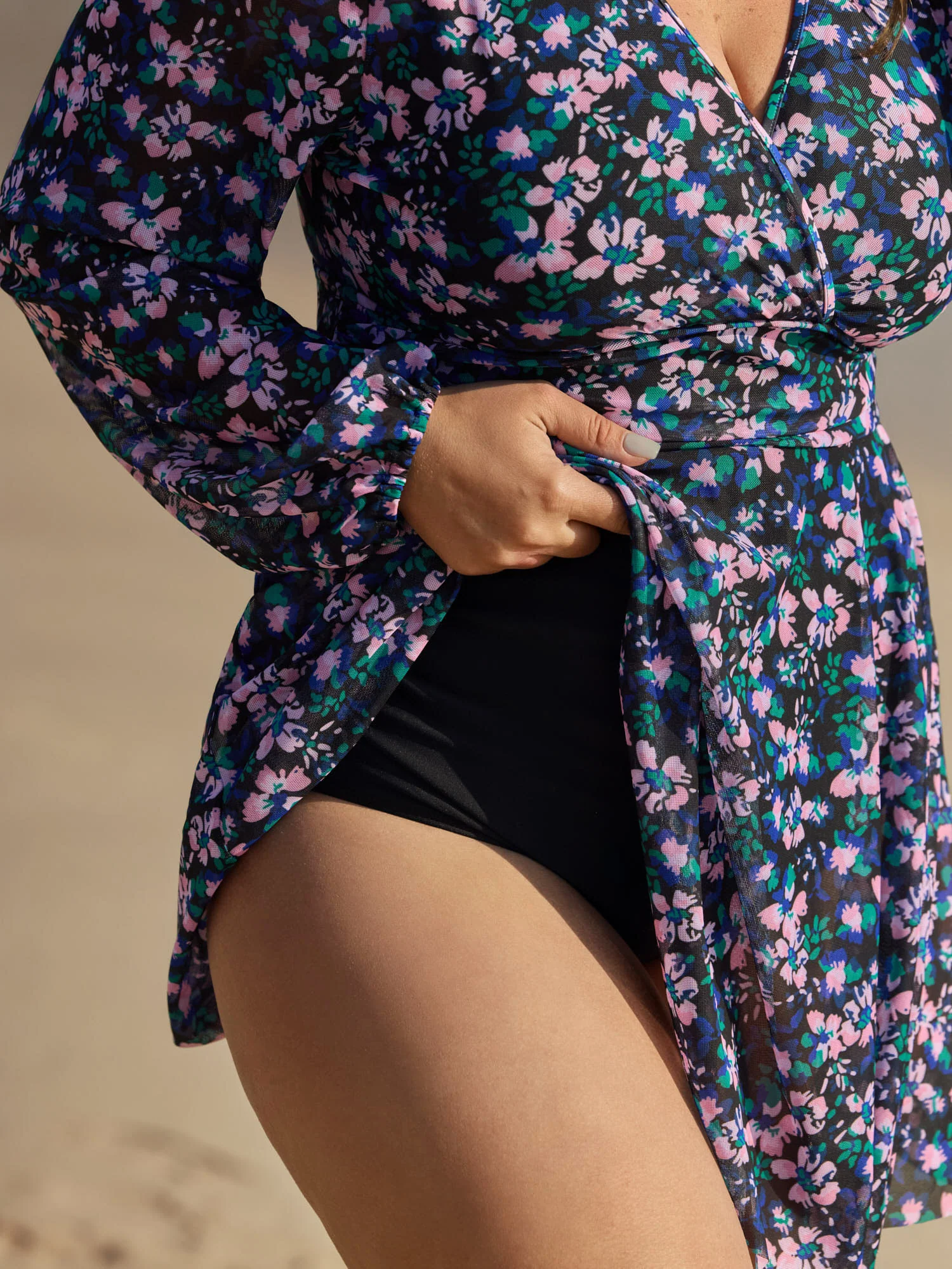 Floral Print Long Sleeve Layered Swim Dress - Image 4