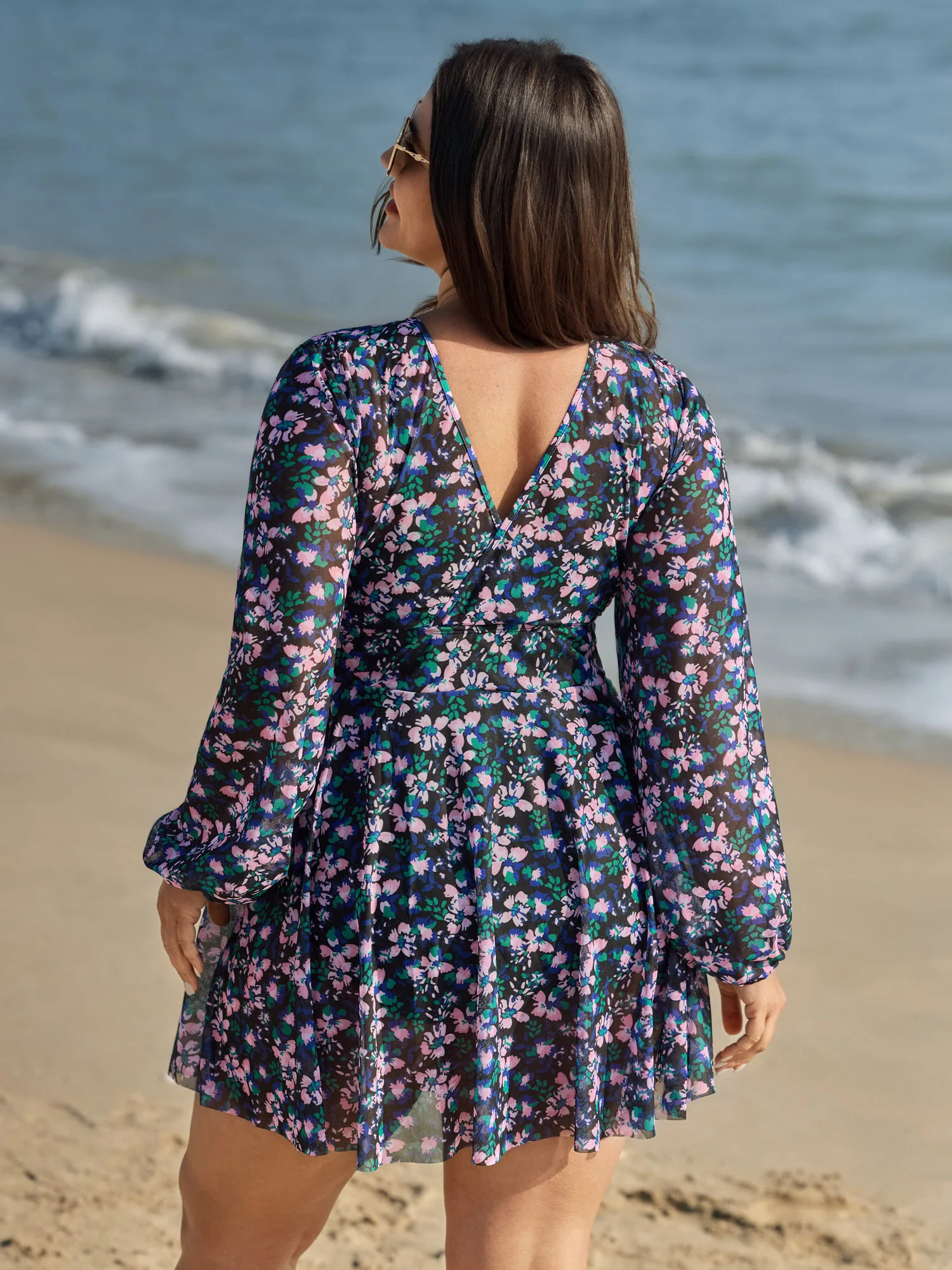 Floral Print Long Sleeve Layered Swim Dress - Image 5