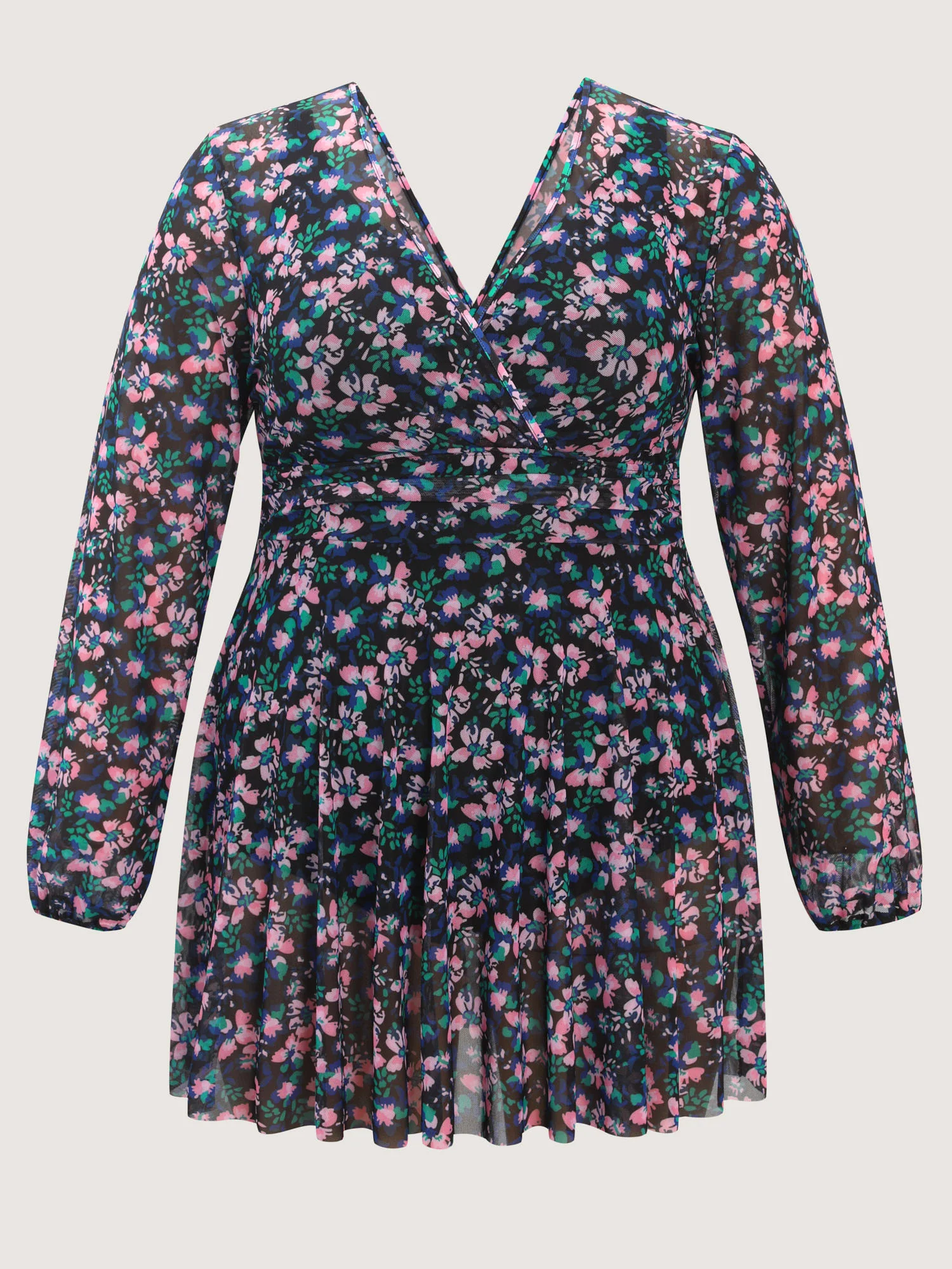 Floral Print Long Sleeve Layered Swim Dress - Image 6