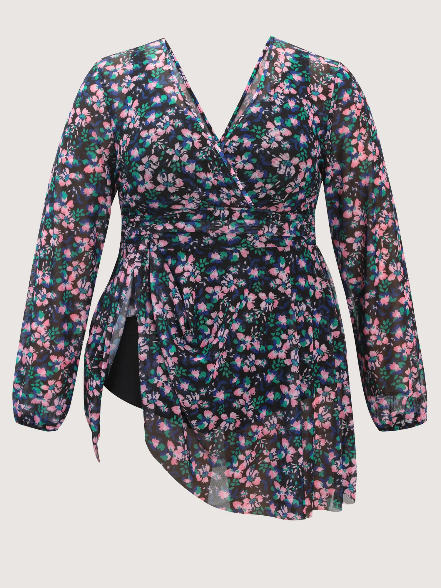 Floral Print Long Sleeve Layered Swim Dress - Image 7