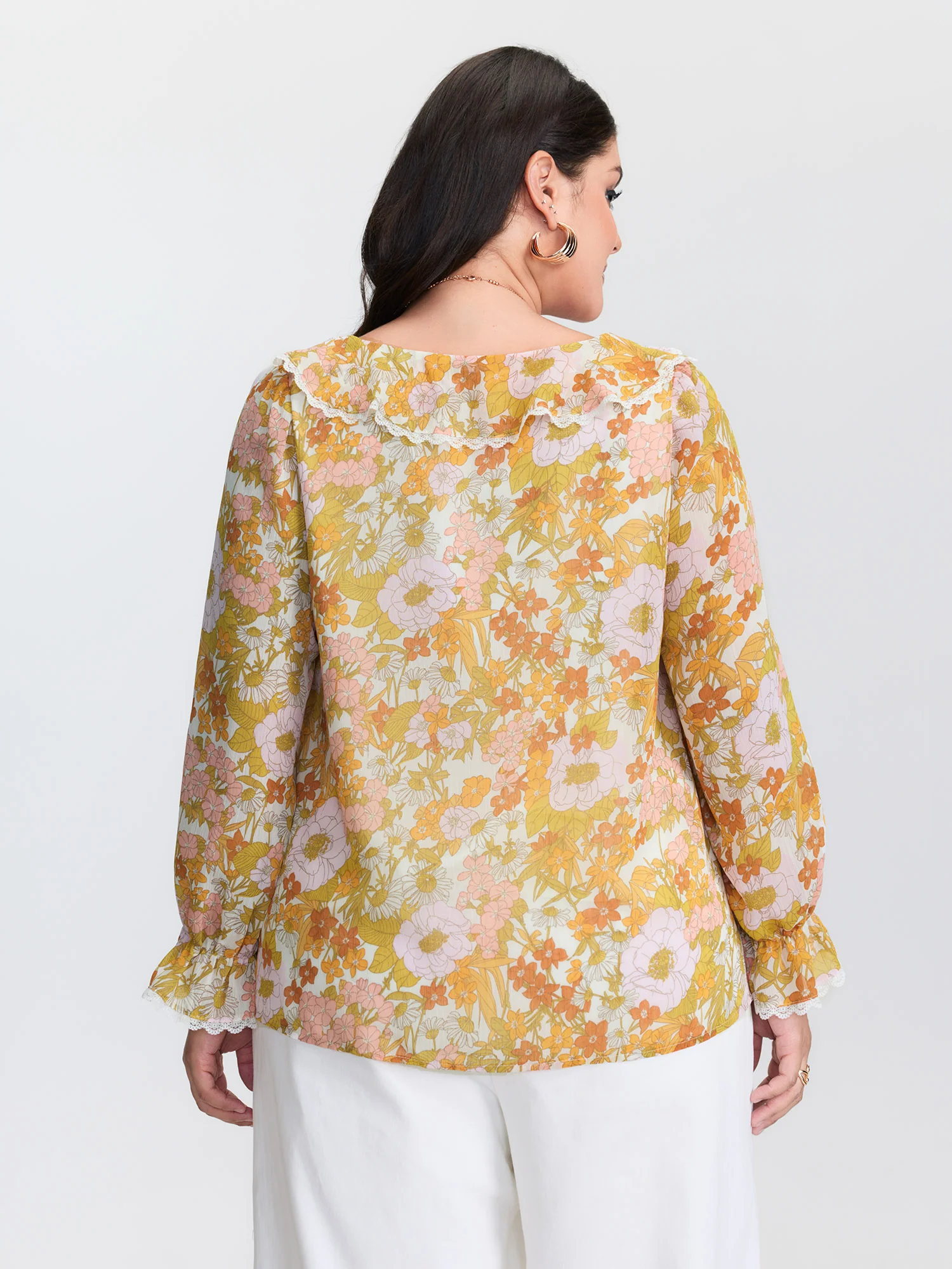 Floral Print Lotus Leaf Neckline Blouse - Image 4