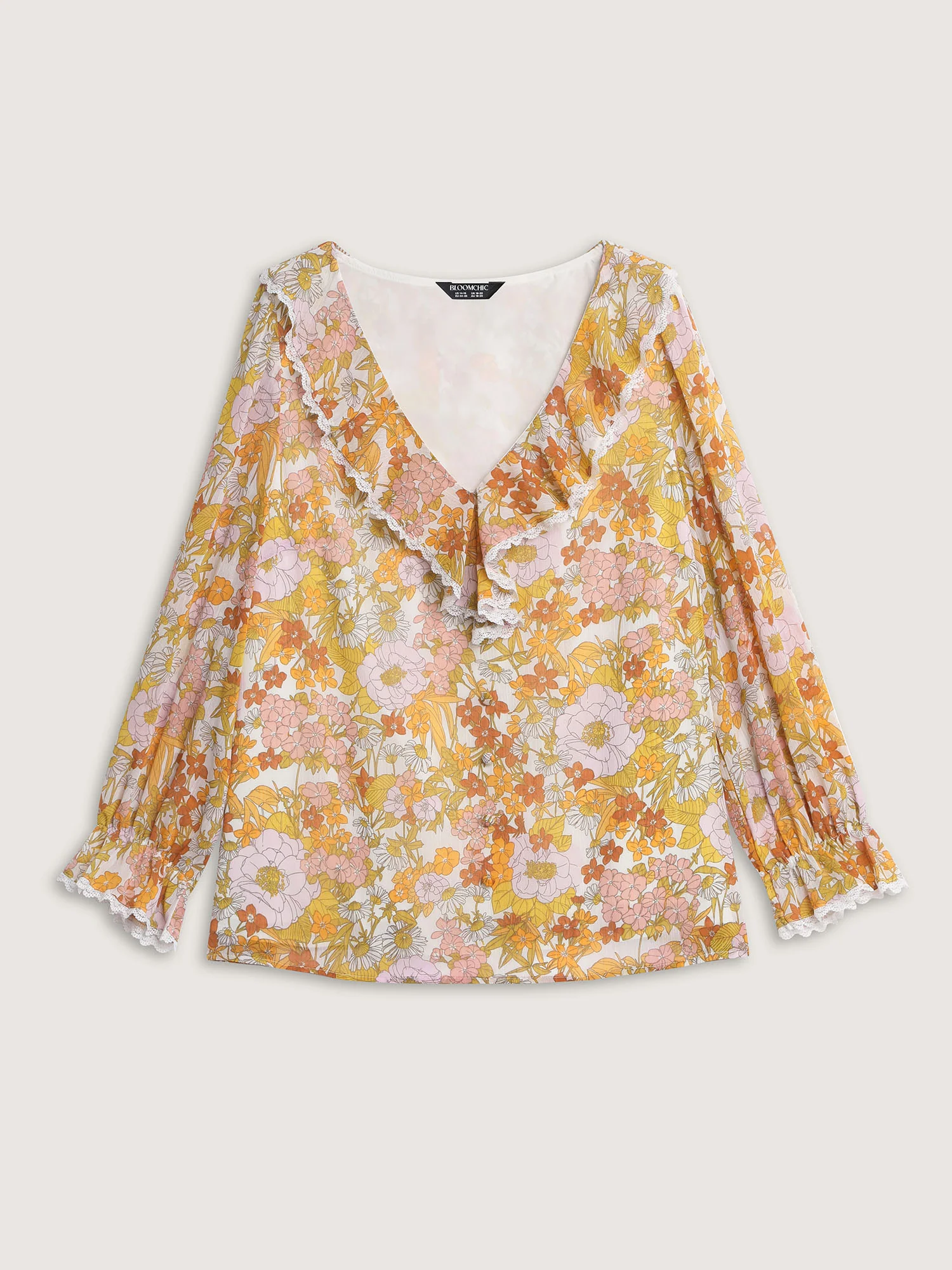 Floral Print Lotus Leaf Neckline Blouse - Image 7
