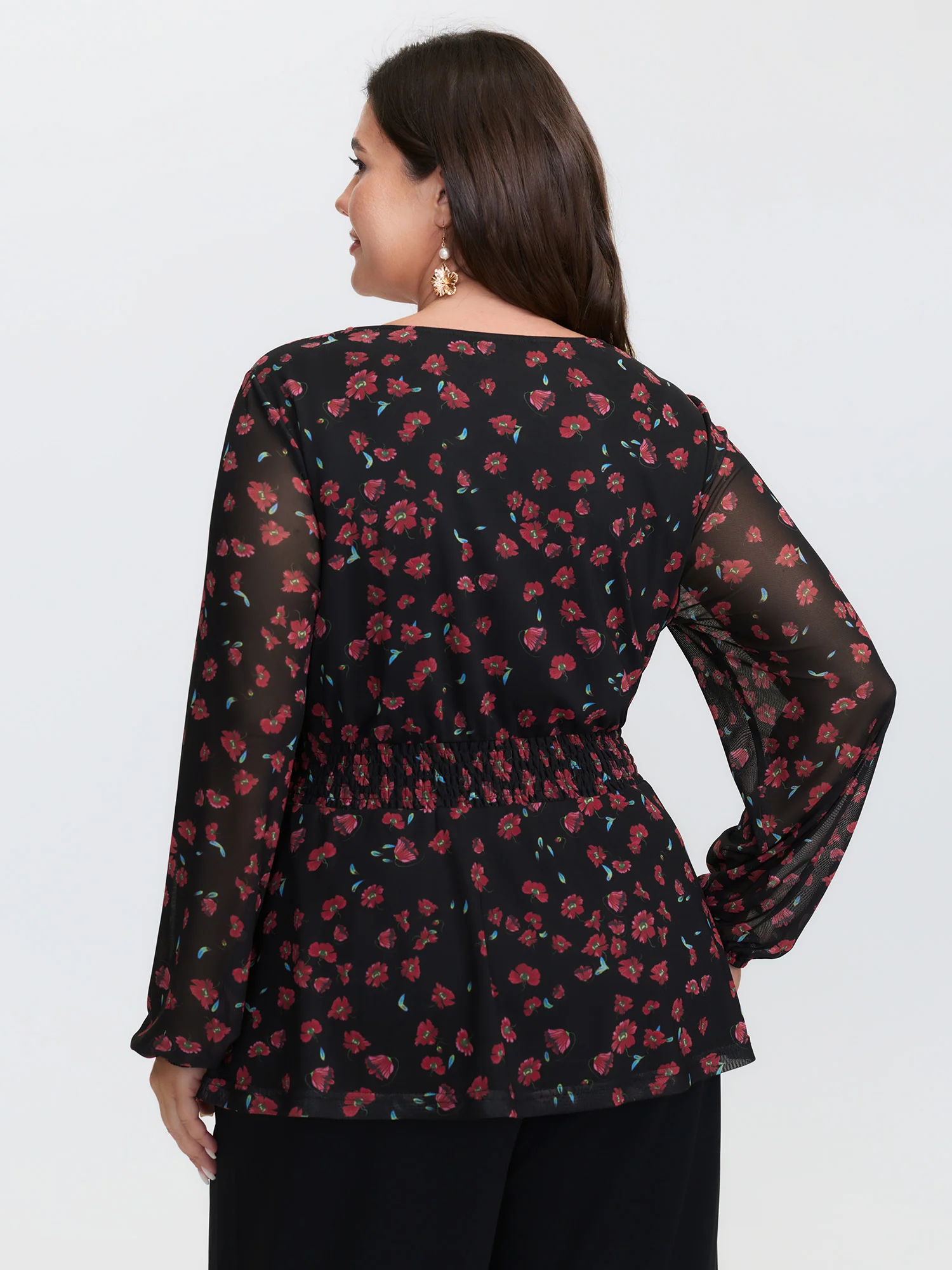 Floral Print Mesh Cinched-Waist Blouse - Image 4