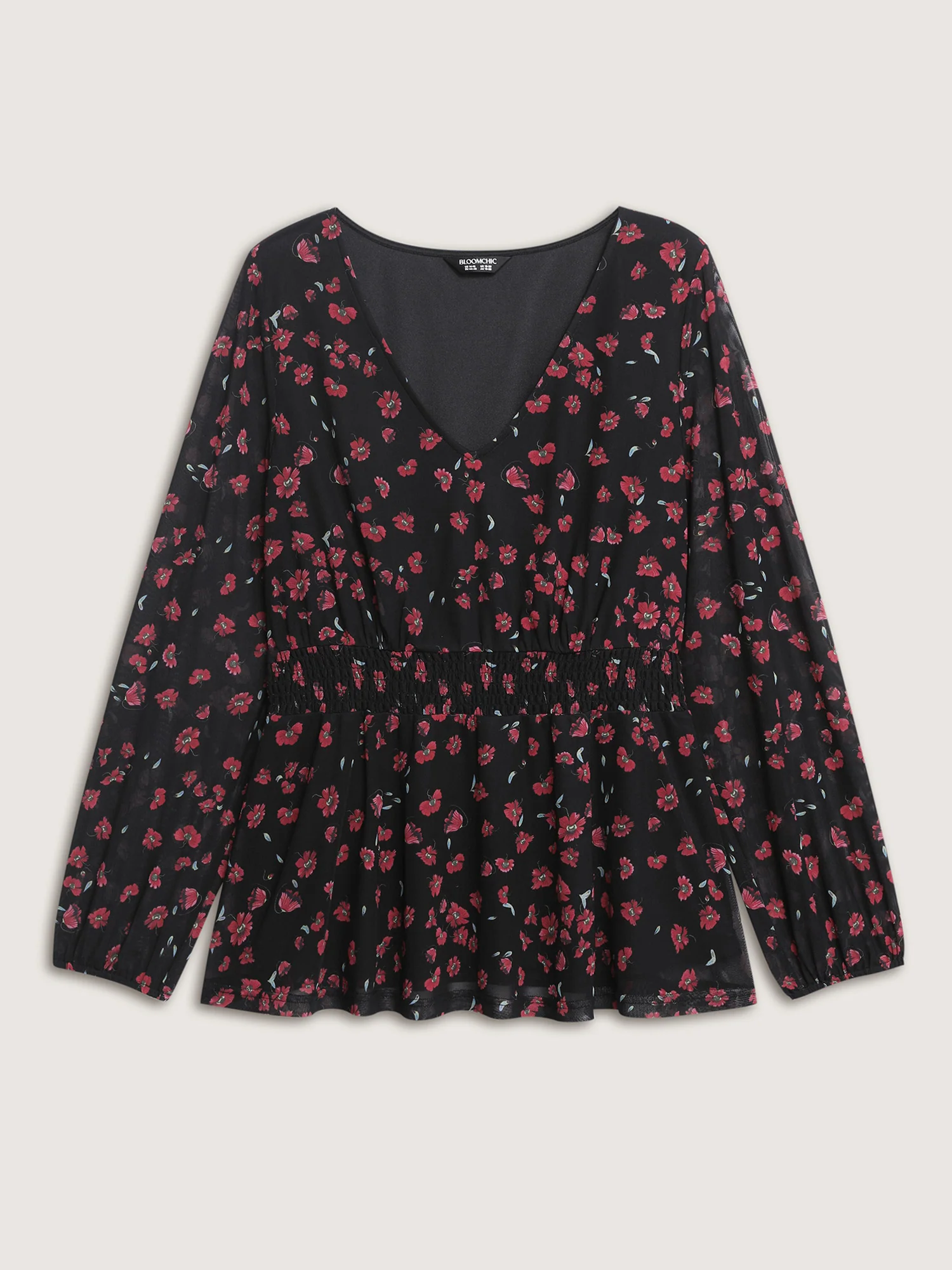 Floral Print Mesh Cinched-Waist Blouse - Image 7