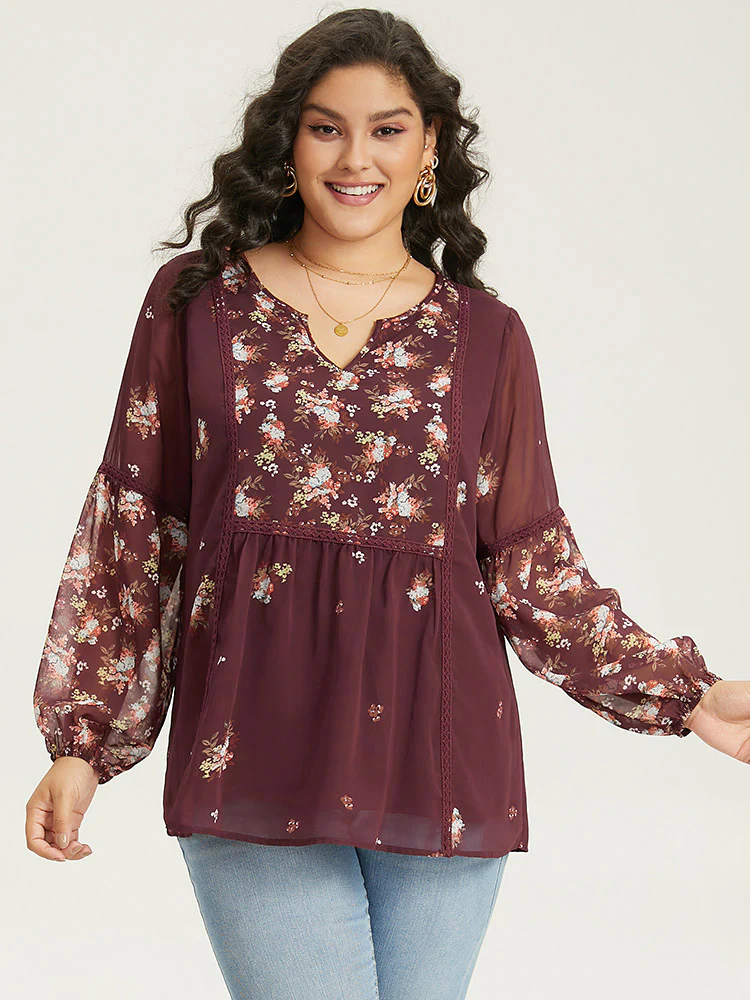 Floral Print Mesh Lace Patchwork Lantern Sleeve Blouse - Image 2