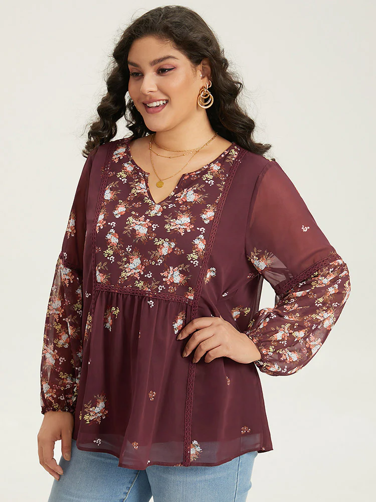 Floral Print Mesh Lace Patchwork Lantern Sleeve Blouse - Image 3