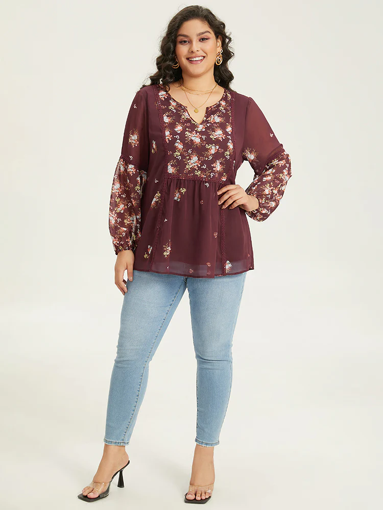 Floral Print Mesh Lace Patchwork Lantern Sleeve Blouse - Image 4