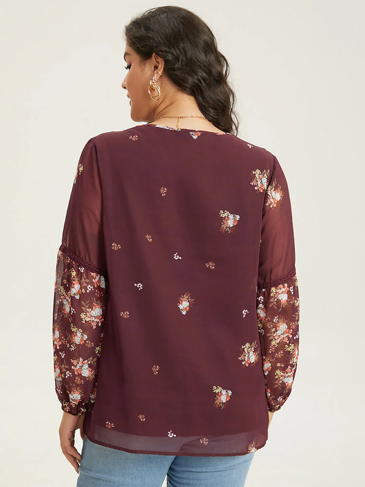 Floral Print Mesh Lace Patchwork Lantern Sleeve Blouse - Image 5