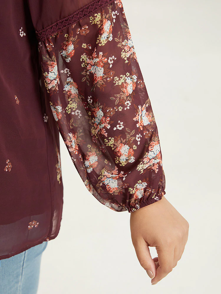 Floral Print Mesh Lace Patchwork Lantern Sleeve Blouse - Image 6