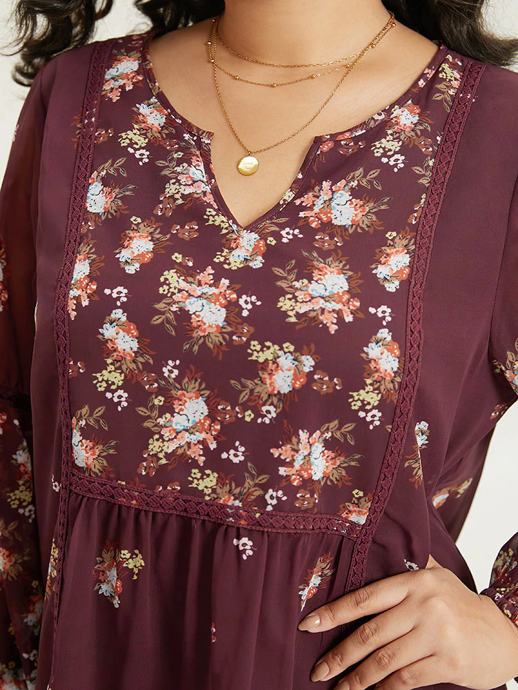 Floral Print Mesh Lace Patchwork Lantern Sleeve Blouse - Image 7