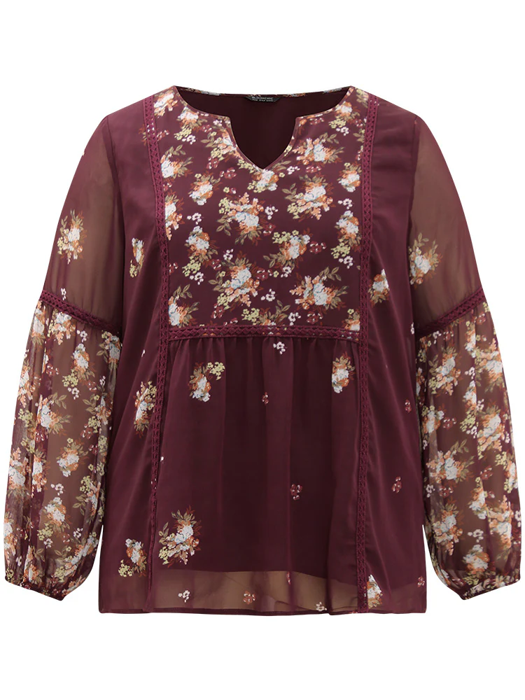 Floral Print Mesh Lace Patchwork Lantern Sleeve Blouse - Image 8