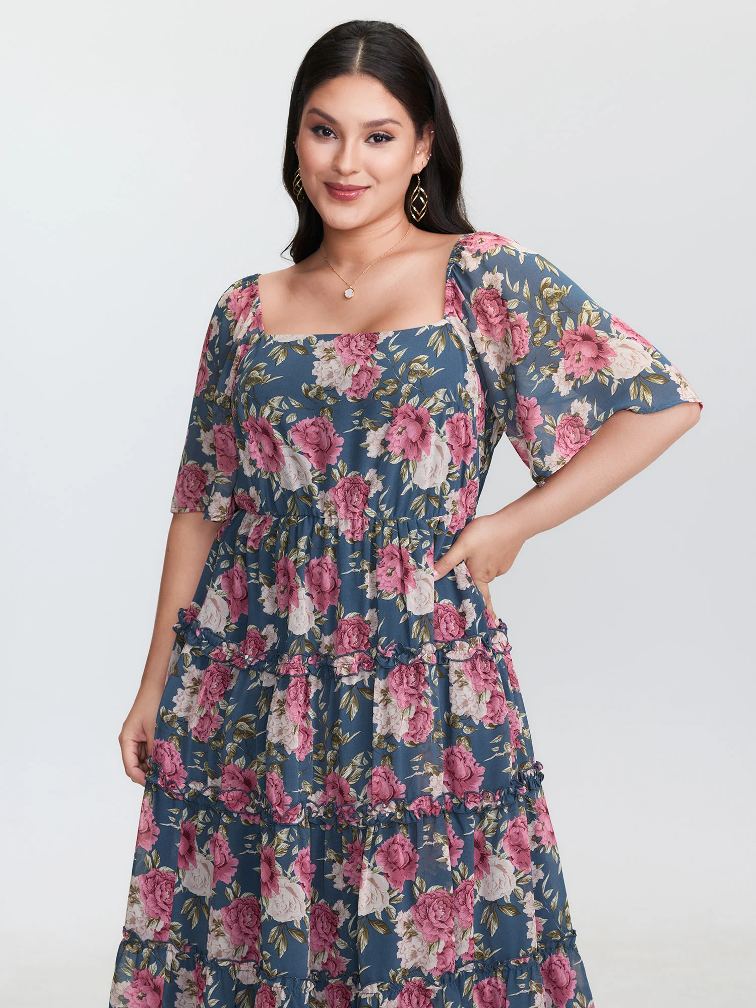 Floral Print Mesh Ruffled Maxi Dress - Image 2