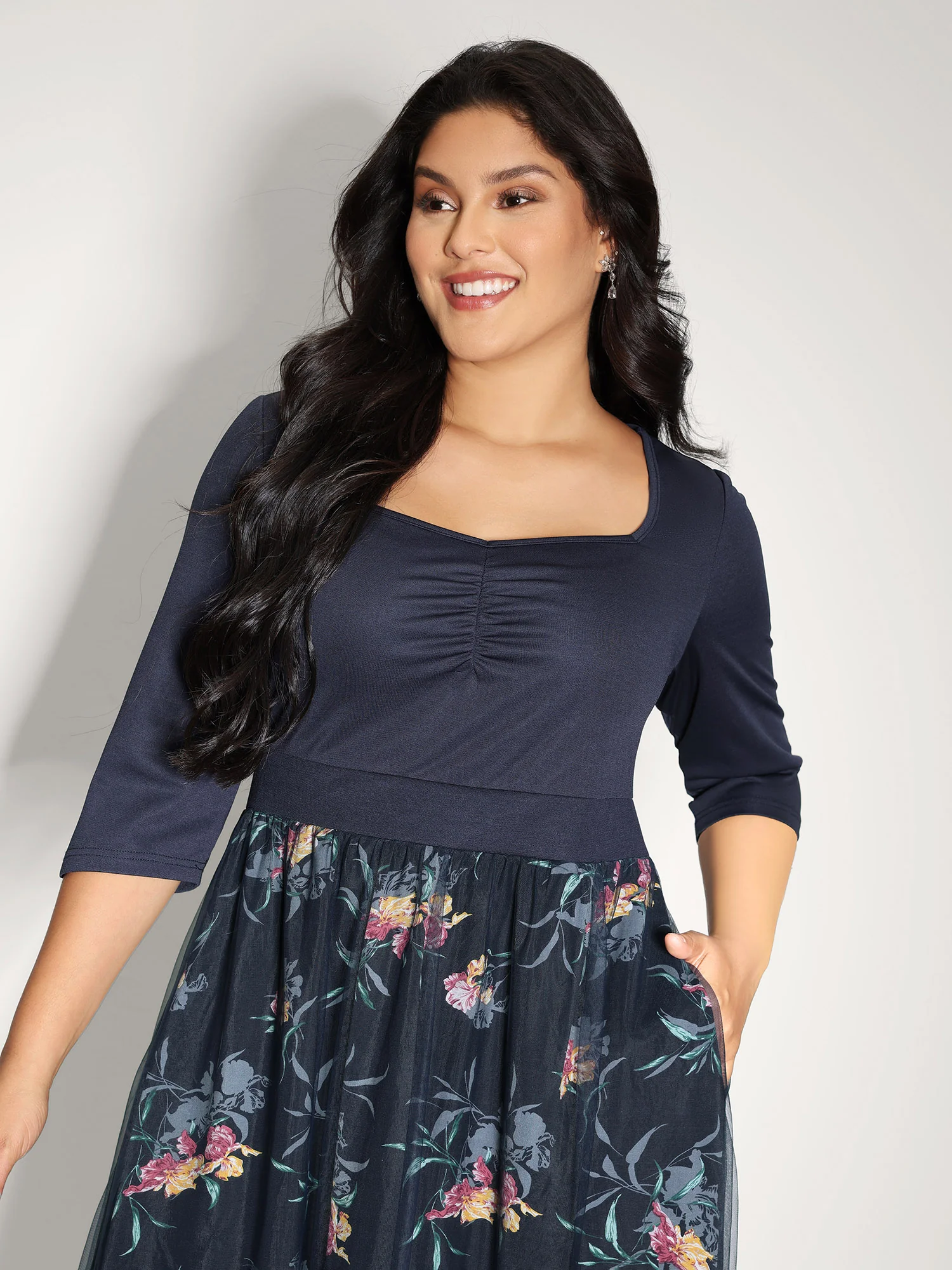 Floral Print Mesh Shirred Waist Midi Dress - Image 2